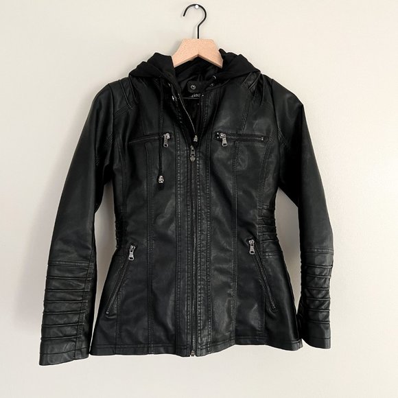 Black Leather Jacket with Detachable Hood - Picture 4 of 8